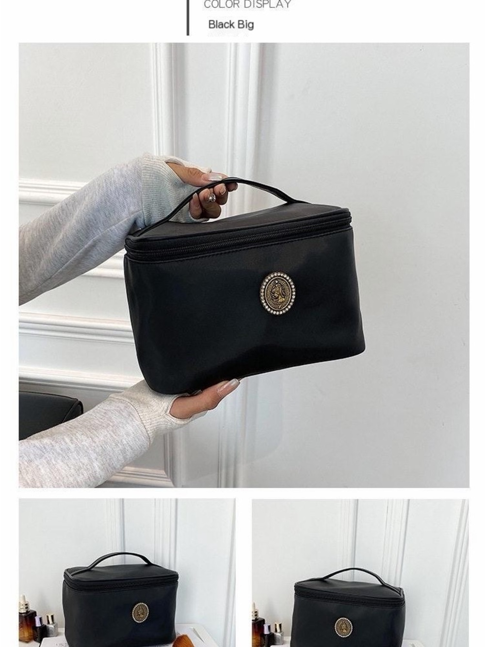 Black Women's Cosmetic Case with Decorative Emblem - Picture 2 of 15